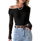 LIYOHON Mesh Sheer Off The Shoulder Long Sleeve Tops for Women Sexy Tight Y2k Date Night Going Out See Through Blouse