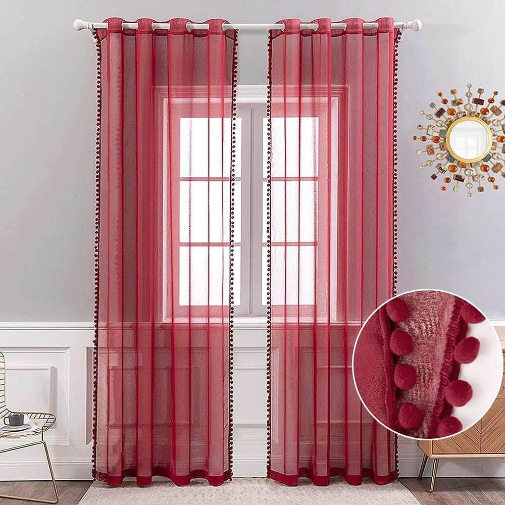 MIULEE Set of 2 Net Curtains with Tassels and Eyelets, 55" W x 88" L (2 Panels), Wine Red, Contemporary Style, Semi-Sheer, Living Room, Bedroom โ image 1