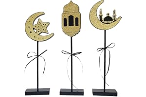 HILYPINK 3 Pieces Ramadan Decorations- Eid Mubarak Table Decor Wooden Set, Islamic Ramadan Black and Gold Tiered Tray Decor f