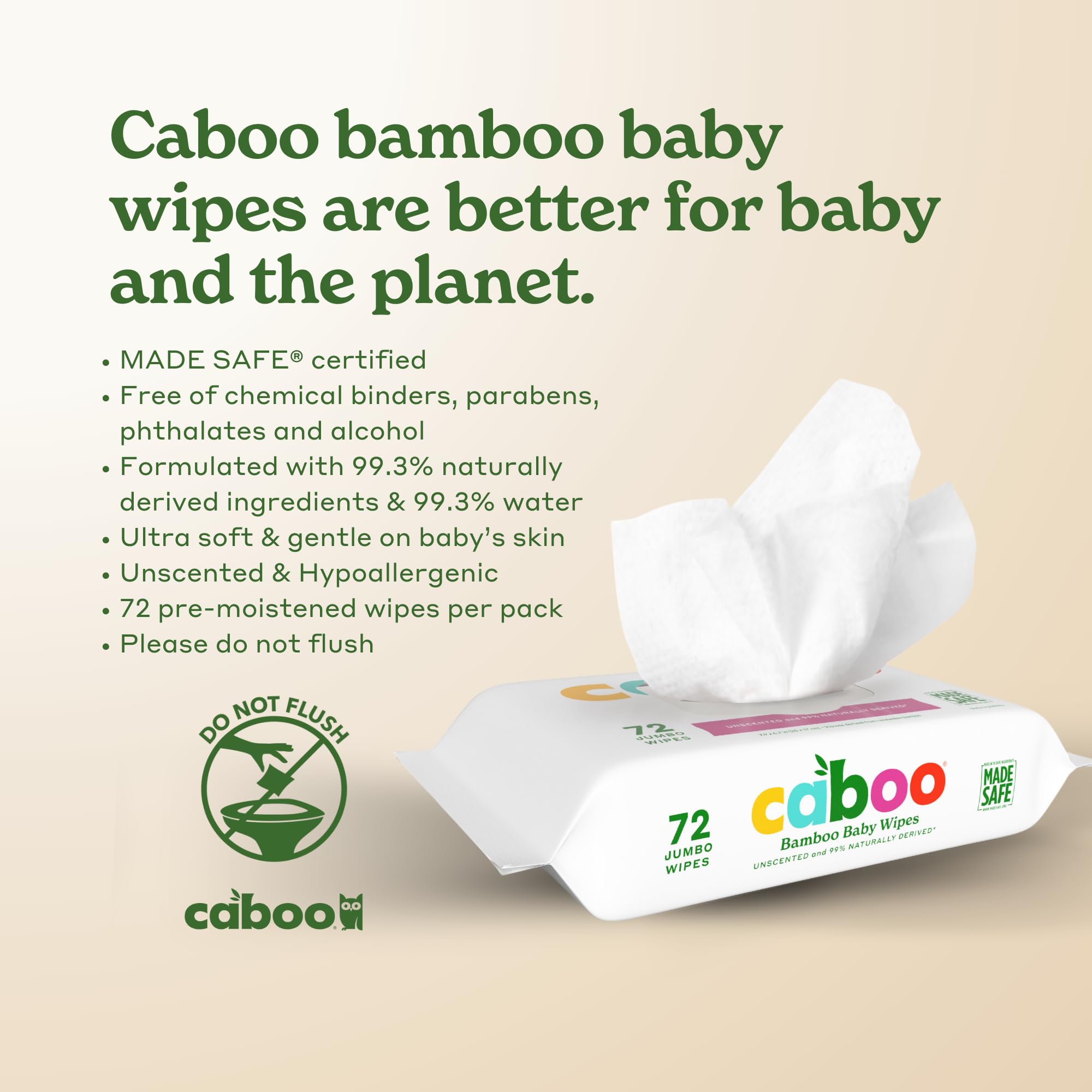 Caboo Baby Wipes, Made with Bamboo Viscose, Certified Made Safe Ingredients, Unscented Baby Wipes Good for Sensitive Skin, 72 Wipes Per Travel Pack, Total of 216 Wet Wipes