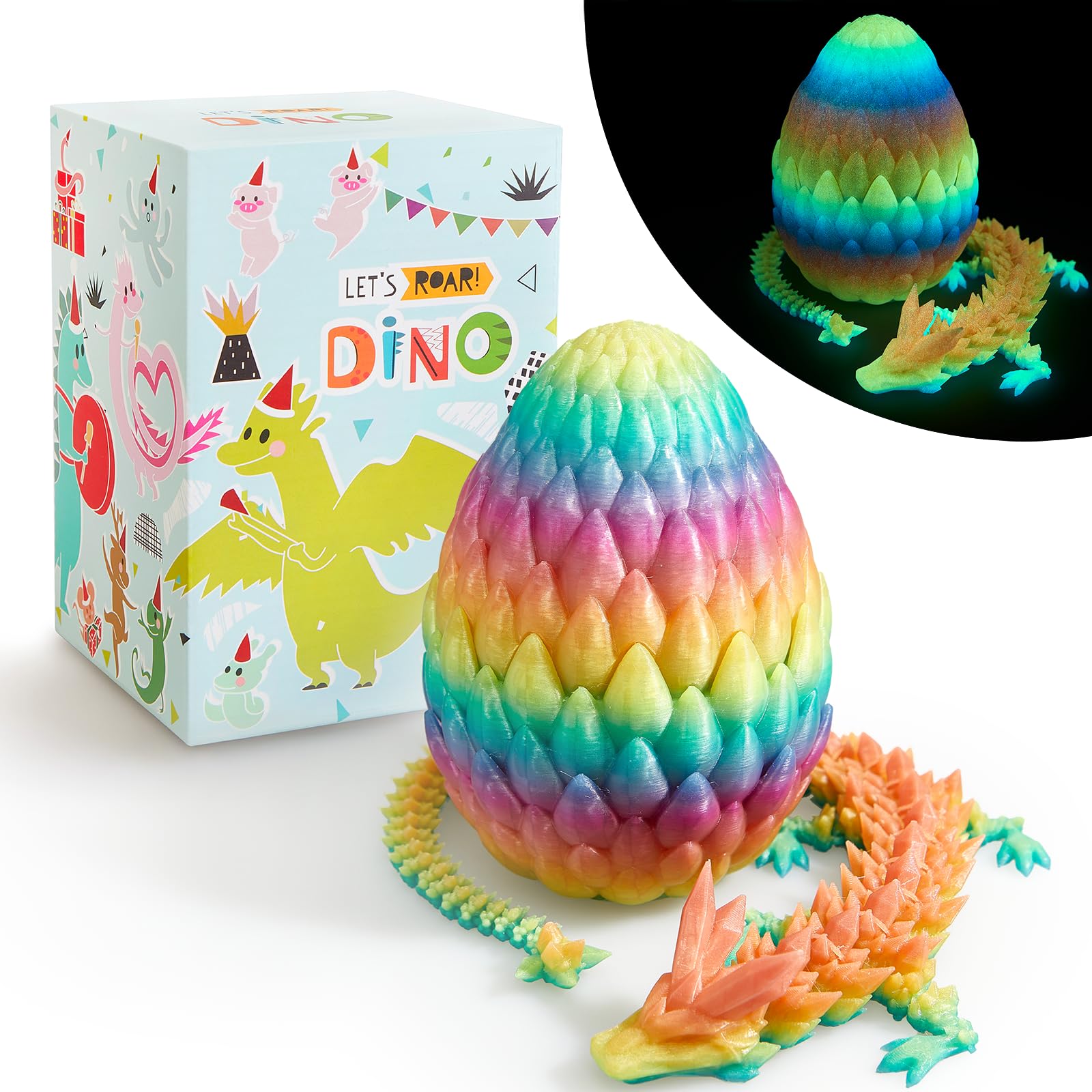 LEWELLRY 15" 3D Printed Dragon Egg,Christmas Birthday Toys, Stocking Stuffers Gift, Articulated Crystal Cool Fidget Dragon for Girls Boys Kids Ages 3,4, 5, 6,7, 8,9,10,11,12 Years Old
