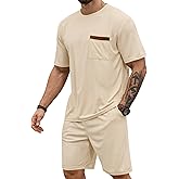 Babioboa Men's Short Sleeve Tracksuit Summer T Shirt & Shorts set Pocket Waffle Solid Two Piece Casual Daily Duty-off