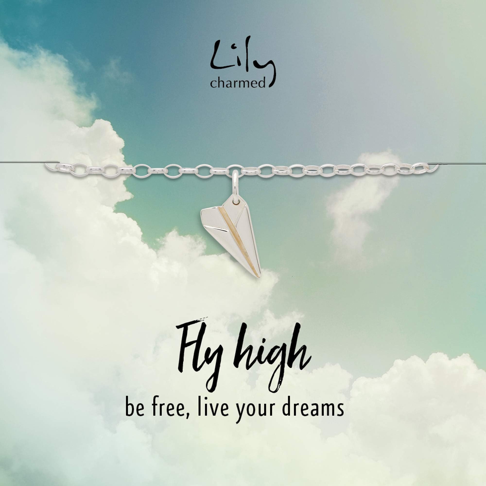 Lily CharmedSterling Silver Paper Plane Charm Bracelet with 'Fly High' Message