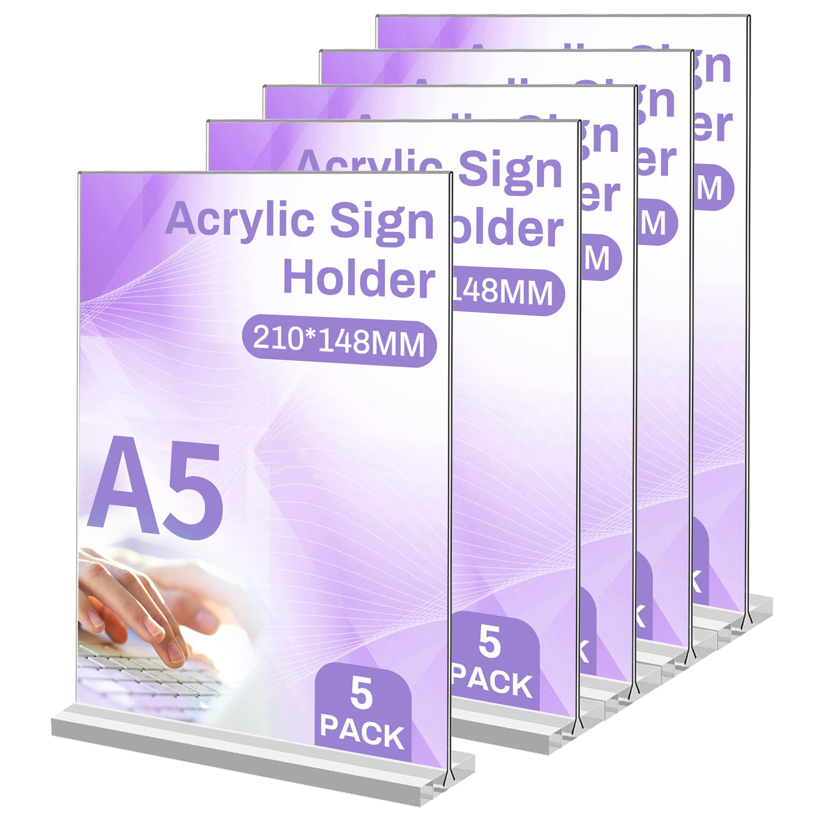 Sagreeny A5 Acrylic Sign Holder, 5 Pack T-Shaped Clear Sign Holder, A5 Acrylic Poster Double Sided Display Stand for Table Restaurant Hotel Documents Office