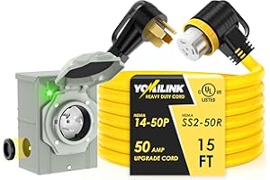 YOMILINK 50 Amp 15 Feet Generator Cord with Inlet Box Kit, Heavy Duty 6/3+8/1 AWG STW Wire, NEMA 14-50P to SS2-50R Twist Locking, Newly Designed 90 Degree Grip Handle for Generator to House