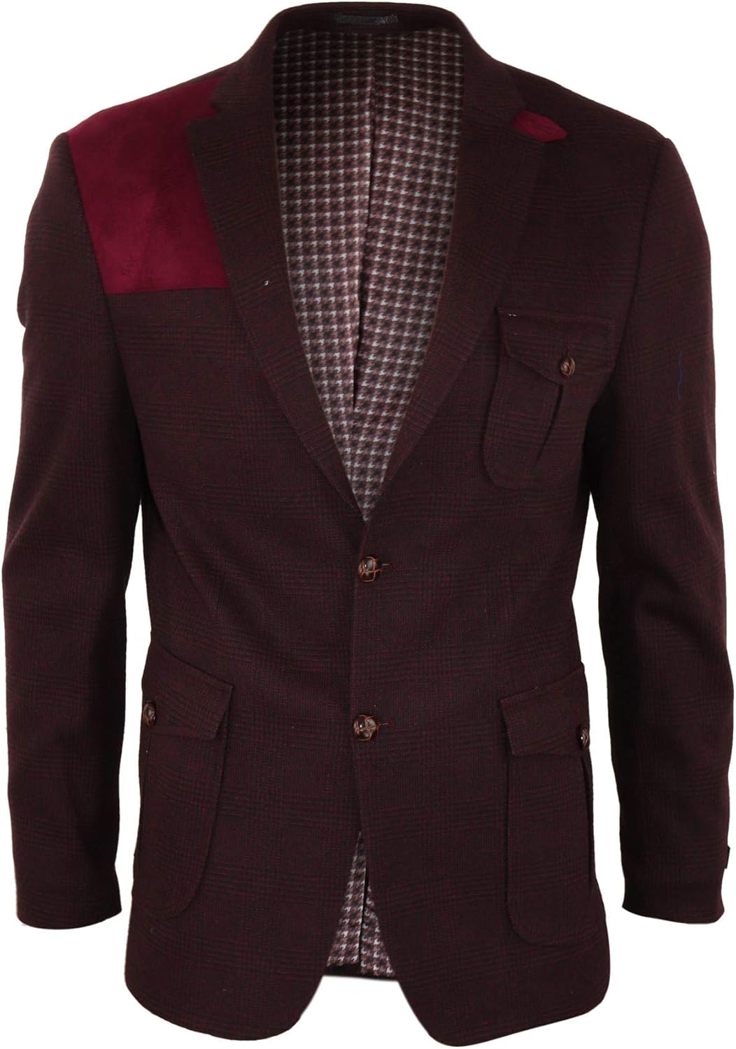 Mens Wool Tweed Shooting Jacket Hunting Blazer Check Elbow Patch Wine