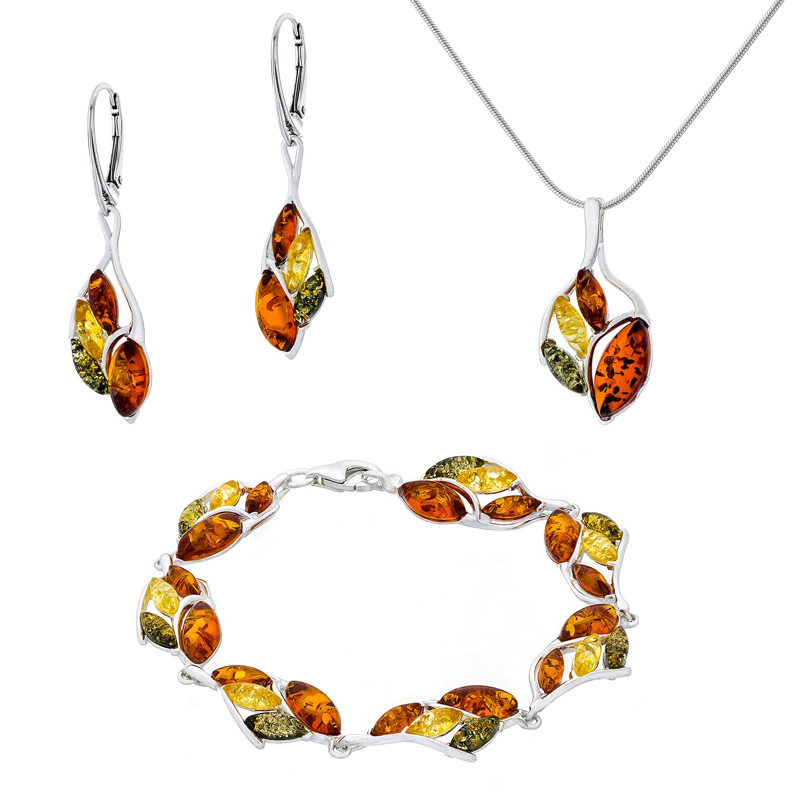 AMBEDORA large Women's Jewellery Set Sabine, Polished Sterling Silver, Colourful Baltic Amber, Silver Bracelets, Pendant on Chain and Earrings