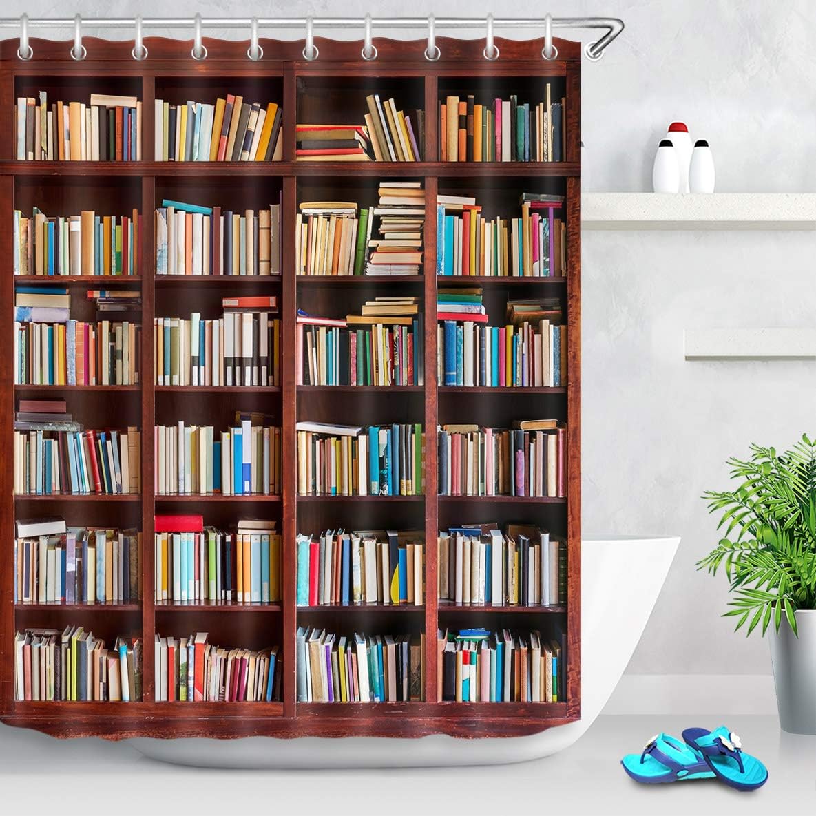 LB 59x71 inch Library Shower Curtain Books on Wooden Bookshelf Anti