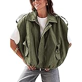 TAQCUX Women's Faux Suede Bomber Vest Casual Oversized Sleeveless Jacket Fall Spring Lapel Coat Trendy Streetwear