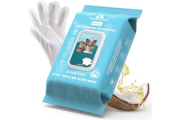 Funfawn Pet Cleaning Glove Wipes for Dogs & Cats - Extra Thick Deodorizing Pet Bathing Wipes - Rinse Free Grooming Wipes for
