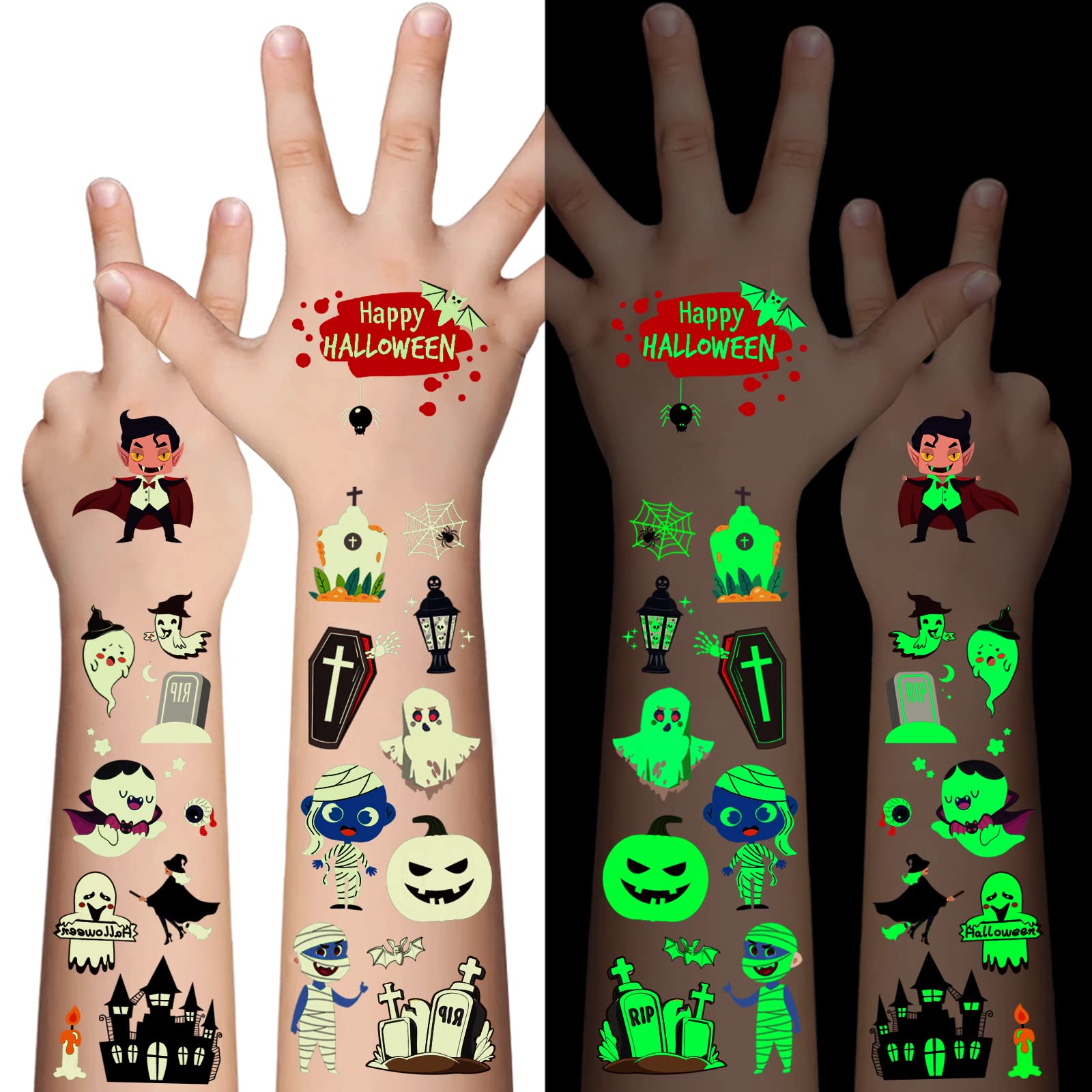 AWINMAY Luminous Halloween Temporary Tattoos for Kids - 360 Pieces Halloween Glow In The Dark Tattoos for Boys and Girls,Bulk Halloween Prizes Treat or Trick Party Favor Goody Bag Stuffers 20 Sheets