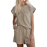 Tankaneo Womens 2 Piece Short Sets Striped Summer Outfits Cap Sleeve Tops and Elastic Waist Lounge Matching Set