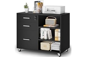 Shahoo 3 Drawer Mobile File Cabinet, Wood Lateral Printer Shelf with Adjustable Open Storage Shelf, Lockable Wheels for Home Office, Black