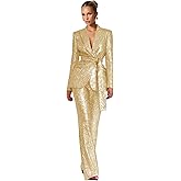 LEWIJO Sequin Suits for Women 2 Piece V Neck Sparkly Womens Suit with Belt Glitter Wedding Party Prom Tuxedo