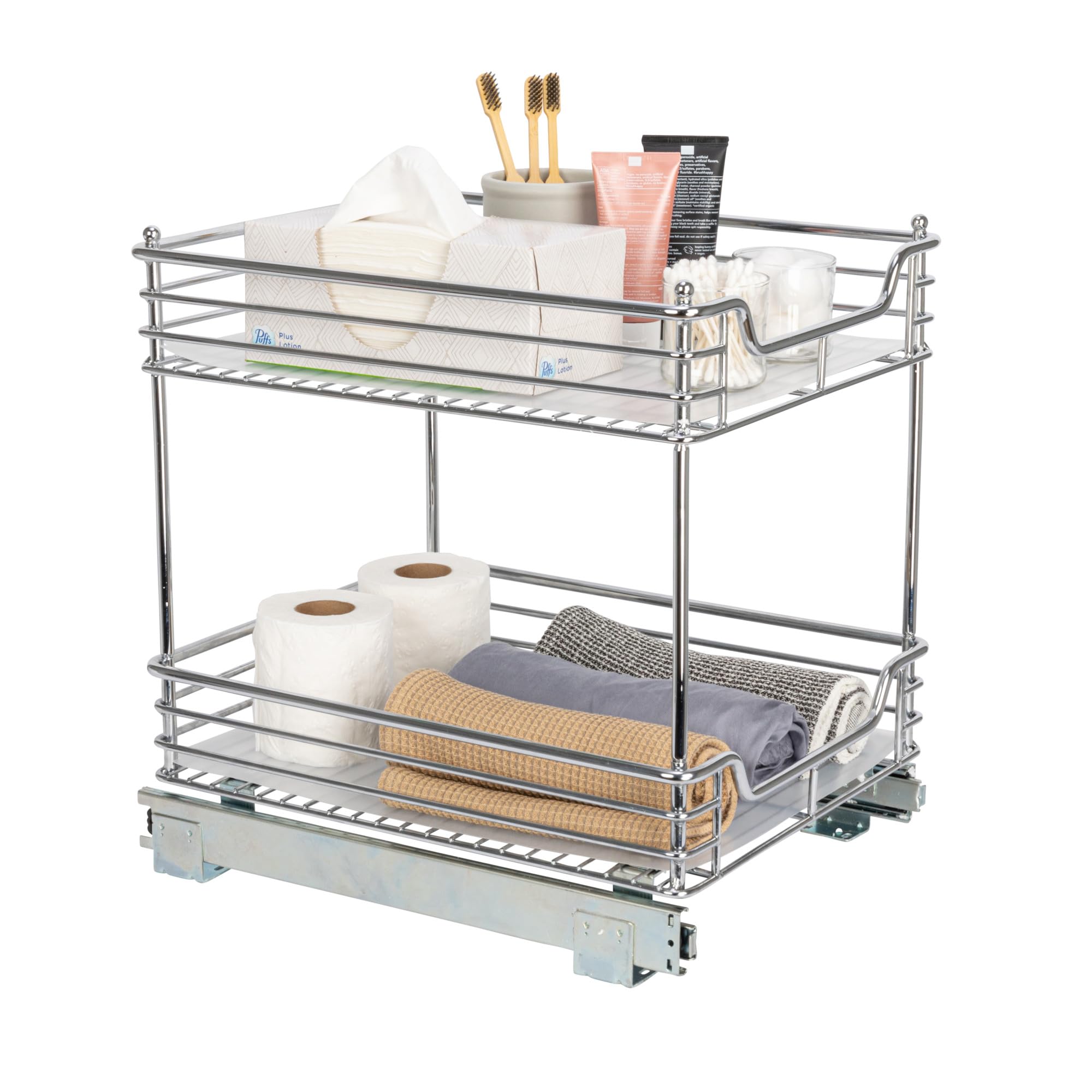 Household Essentials Glidez Chrome-Plated Steel Pull-Out/Slide-Out Storage Organizer with Plastic Liners for Under Cabinet Use - 2-Tier Design - Fits Standard Size Cabinet or Shelf, Chrome Image