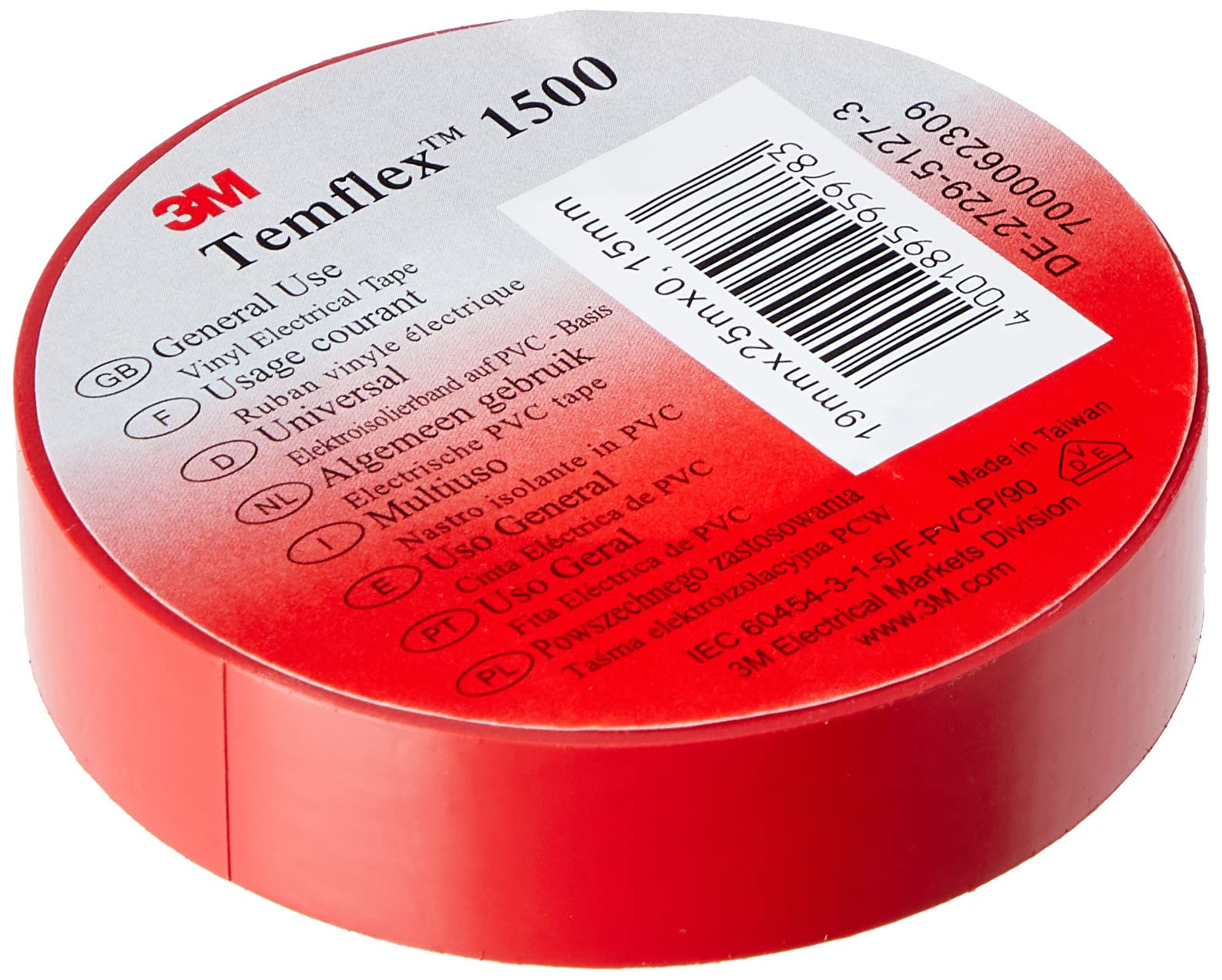 3 M 7000062309 Temflex 1500 Vinyl Electrical Insulation Tape 19 mm x 25 m A, 0.15 mm, red