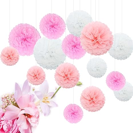 Feelshion 15er Pompoms Pompons Papierblume Set für Hochzeit babyparty gartenparty Wedding als kinderzimmer Deko