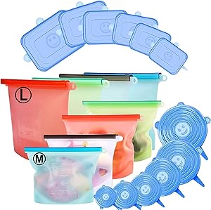 20 Pack Silicone Food Storage Bag & Silicone Stretch Lids, Eco-Friendly Reusable Food Wraps and Covers, Airtight Seal Food Preservation Bags for Vegetable, Fruit, Snack, Lunch
