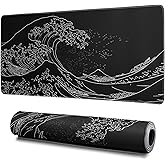 Japanese Gaming Mouse Pad Abstract Black Mouse Pad 31.5x11.8 Inch Black Sea Wave Texture Non-Slip Rubber Base Large Ocean Mousepad Stitched Edges Keyboard Mouse Mat Desk Pad for Office and Home