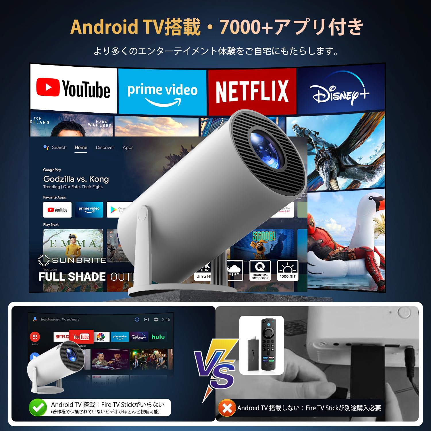 YOWHICK プロジェクター 家庭用【Android TV搭載・APP利用可能・270°回転】プロジェクター 小型 20000LM 1080P Wi-Fi6 4K対応 天井投影 自動台形補正 Bluetooth5.3 HiFiスピーカー内蔵 ホーム 50％ズーム機能 スマホ/ノートパソコン/DVD/Switch/などに対応 操作簡単 日本語取扱説明書 (ホワイト)