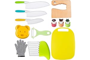 Leking 13 Pcs Wooden Kids Kitchen Knife, Kids Knife Set with Gloves Cutting Board Bear Sandwich Cutter Fruit Vegetable Cutters Serrated Edges Plastic Knifes for Real Cooking Kid Safe Knives