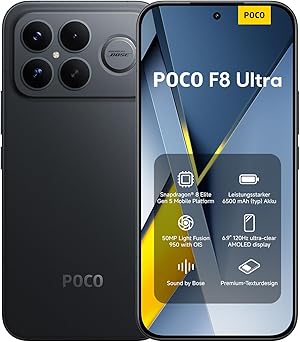 XIAOMI Poco F8 Ultra, Smartphone 16+512 GB, 6.9" 120Hz AMOLED Display, 50MP Light Fusion 950 mit OIS, Sound by Bose, 6500mAh, Schwarz, 2 Jahre Garantie