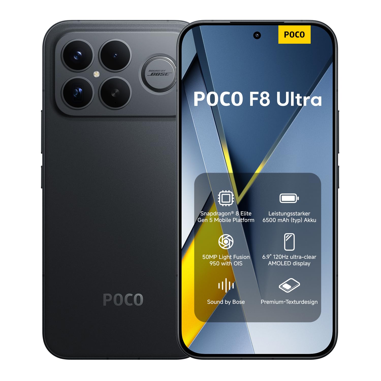 XIAOMI Poco F8 Ultra, Smartphone 12+256 GB, 6.9" 120Hz AMOLED Display, 50MP Light Fusion 950 mit OIS, Sound by Bose, 6500mAh, Schwarz, 2 Jahre Garantie