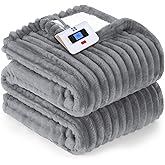 Sealy Electric Blanket Twin Size, Soft Ribbed Flannel to Sherpa Reversible Heated Blanket with 10 Heat Settings & 1 to 12 Hours Auto-Off Overheat Protection Machine Washable, 62"x84" Light Grey