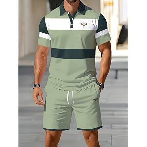 Men's 2 Piece Tracksuits Color Block Short Sleeve Polo Shirt Drawstring Shorts Matching Sets Summer Workout Golf Outfits