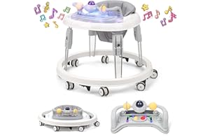 WNTTMT Baby Walker with Wheels,Music and Lights Baby Walker for Boys Girls 6-12 Months,Foldable Baby Walkers and Activity Center,Toddler Infant Walker with 7-Speed Height Adjustment,Detachable Plate,Gray