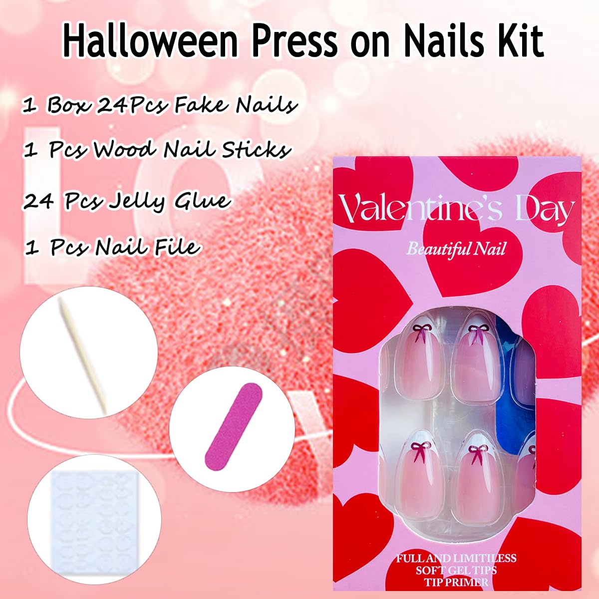 24Pcs Bow Press on Nails Short Almond French Tip Fake Nails Cute Bows Nails Design Holiday Glue on Nails White Nail Tips False Nails with Glue Handmade Nails for Women Valentines Manicure Decoration - Image 6