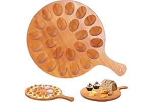Qivine Deviled Egg Platter, 24 Holes Wooden Deviled Egg Tray, Reversible Wooden Deviled Egg Platter with Handle, Deviled Egg 