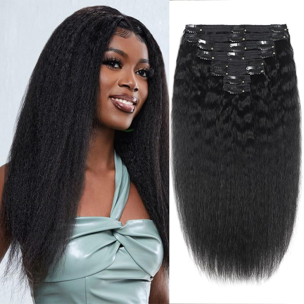 Datanala Brazilian Virgin Kinky Straight Clip in Hair Extensions Yaki Straight Clip in Hair Extension Real Natural Color Hair For Black Women 8Pcs/lot 120g (18Inch/new, Kinky Straight Clip)