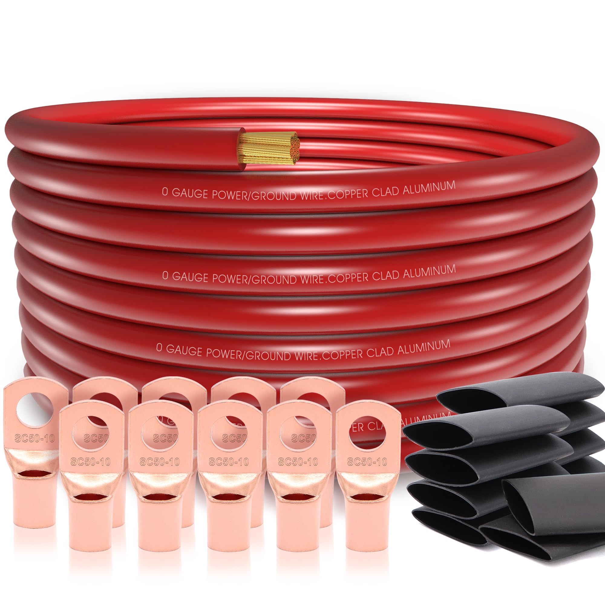 Photo 1 of 20FT 1/0 Gauge Wire Copper Clad Aluminum CAA,10pcs Lugs Terminal Connectors with 3:1Heat Shrink Tube for Power/Auto,Amplifier,Ground Cable