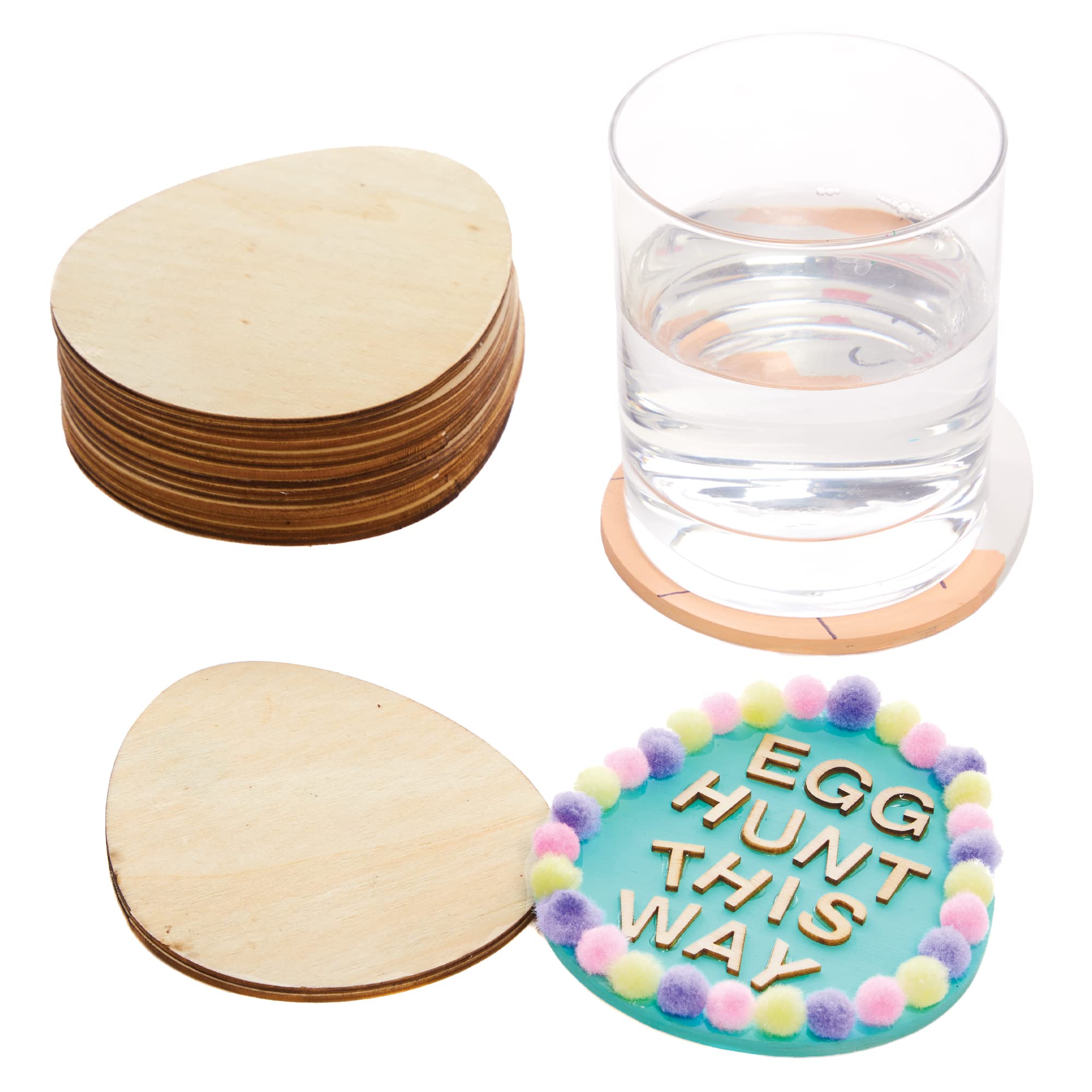 Baker Ross FX504 Easter Egg Wooden Coasters - Pack of 10, Easter Craft Blanks to Decorate
