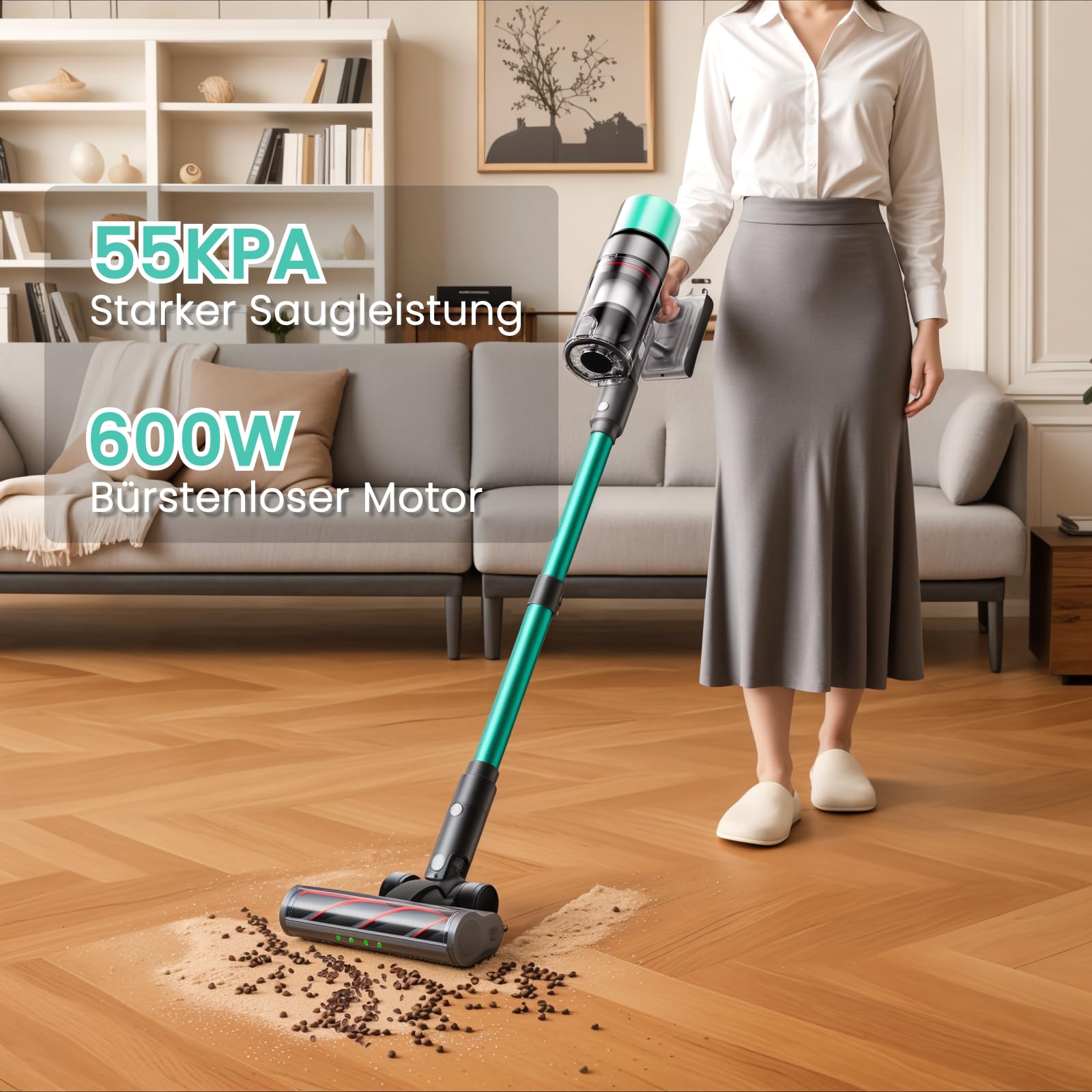 SmartAI V5 Akku Staubsauger, 55Kpa/600W/80Mins Freistehend Staubsauger Kabellos, Ultralange Akkulaufzeit Akkustaubsaguer mit Automatikmodus für Teppich Tierhaare Hartböden 2
