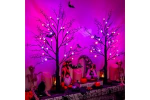 GRASTFU Halloween Decorations Indoor 2 Pack 24 Inch Halloween Black Tree with 24 Orange Purple Lights, Timer/USB/Battery Operated Tabletop Lighted Halloween Spooky Tree for Halloween Table Decor Home Indoor