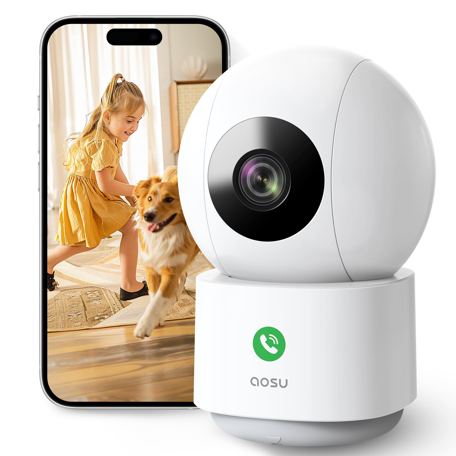 aosu 2K WiFi Camera Indoor - Nanny Cam for Baby Room & Home, Plug-in, App Control, Pet Dog Monitoring, Motion Tracking, 360°View, 24/7 Recording, One-Touch Call, Two Way Audio