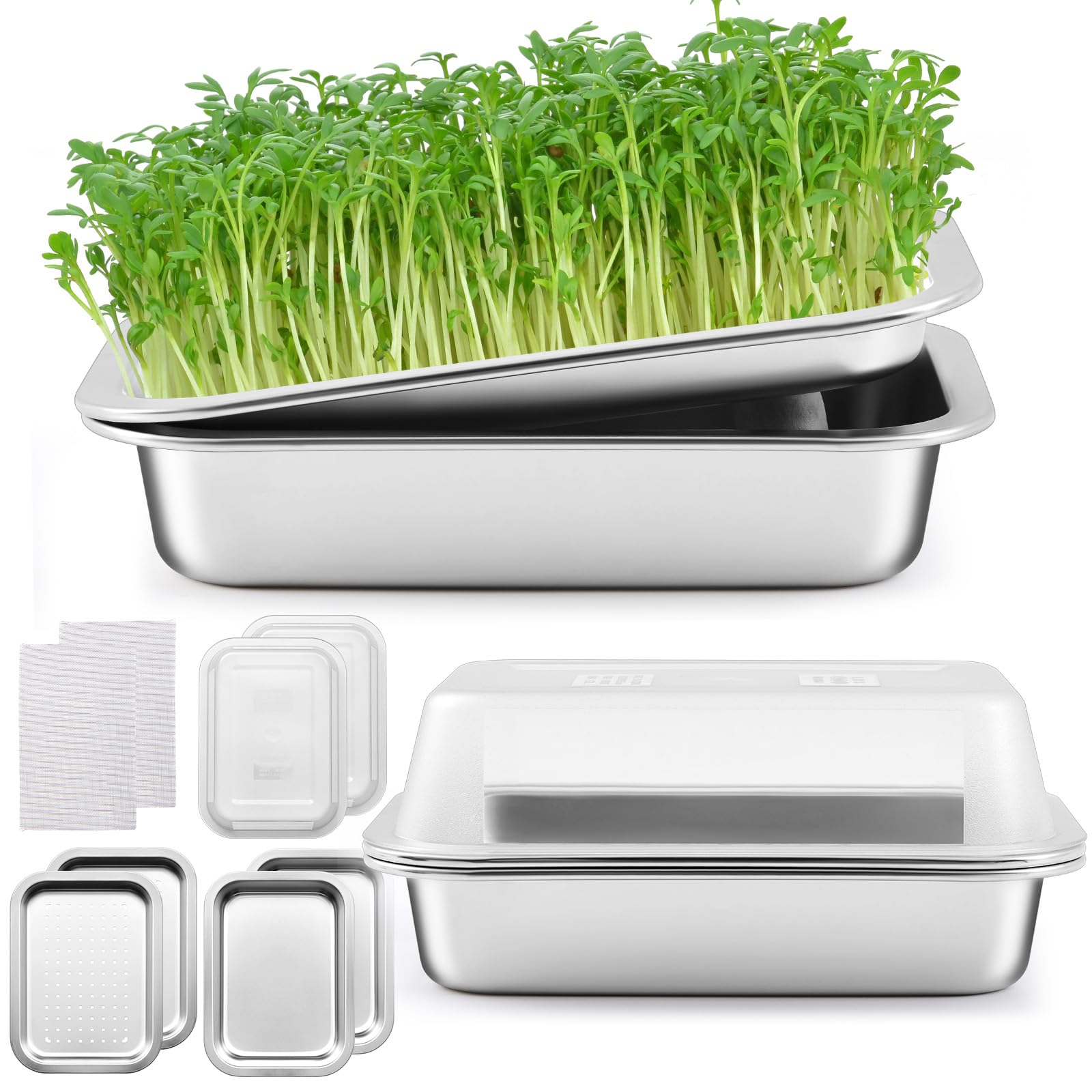 Photo 1 of 2 Pack Seed Sprouting Kit with Lid, 10.4 Inch Stainless Steel Soilless Culture Germination Tray, Microgreens Growing Kit, Encrypted Mesh Seed Starter Tray for Beans Alfalfa Broccoli Wheat Grass