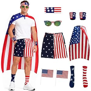 JQAKFIY Men's American Flag Shorts 4th of July Summer Board Shorts with USA Flag Cape Sunglasses Sweatband Wristbands Socks