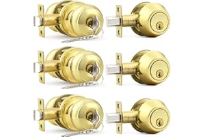 Probrico Polished Brass Entry Door Knob Lock Set and Single Cylinder Deadbolt Combination Set, Keyed Alike, 3 Pack
