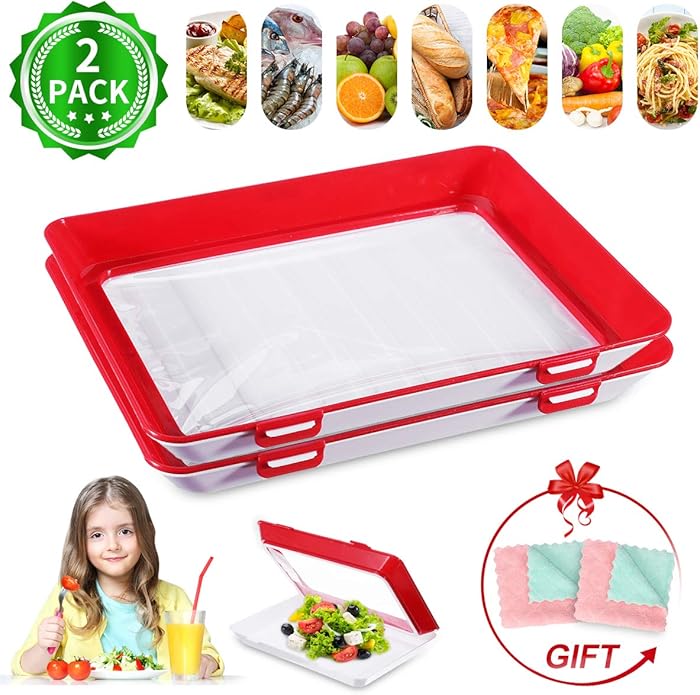 Stackable Food Preservation Tray JOYXEON Freezer Containers Food Storage Container with Elastic Lid for Vegetable Fruits Meat Fish, Reusable BPA Free, keep food fresh [Set of 2 Trays + 2 Dish Towels]