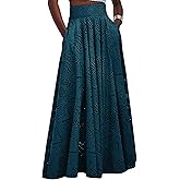Women Fall Long Maxi Eyelet Embroidered Party Club Pleated Cute Ladies Skirt