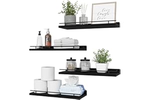 WOPITUES Floating Shelves with Black Metal Rail, 4 Set Shelves for Wall Decor, Modern Wood Wall Shelves for Bathroom, Bedroom, Living Room, Kitchen, Plants, Books, Picture Frames- Modern Black