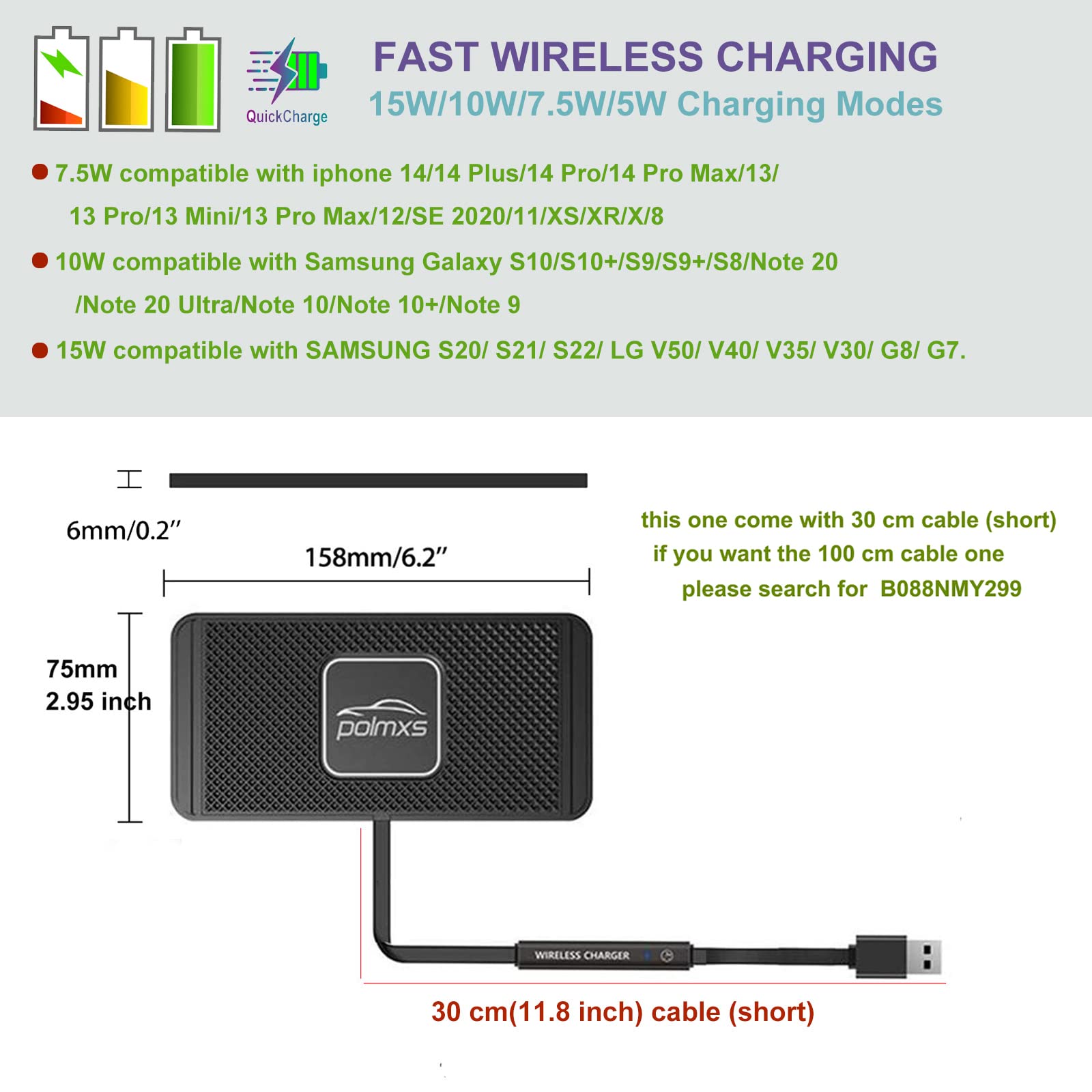 Wireless Charger Car Charging pad,POLMXS 15W Fast Wireless Phone Charger Non Slip Cell Phone Flat Charging mat Compatible with iPhone 11/12/12/14/15 Galaxy S21/S22/S23/24 NOTE10 (30cm Cable)(C2Y)