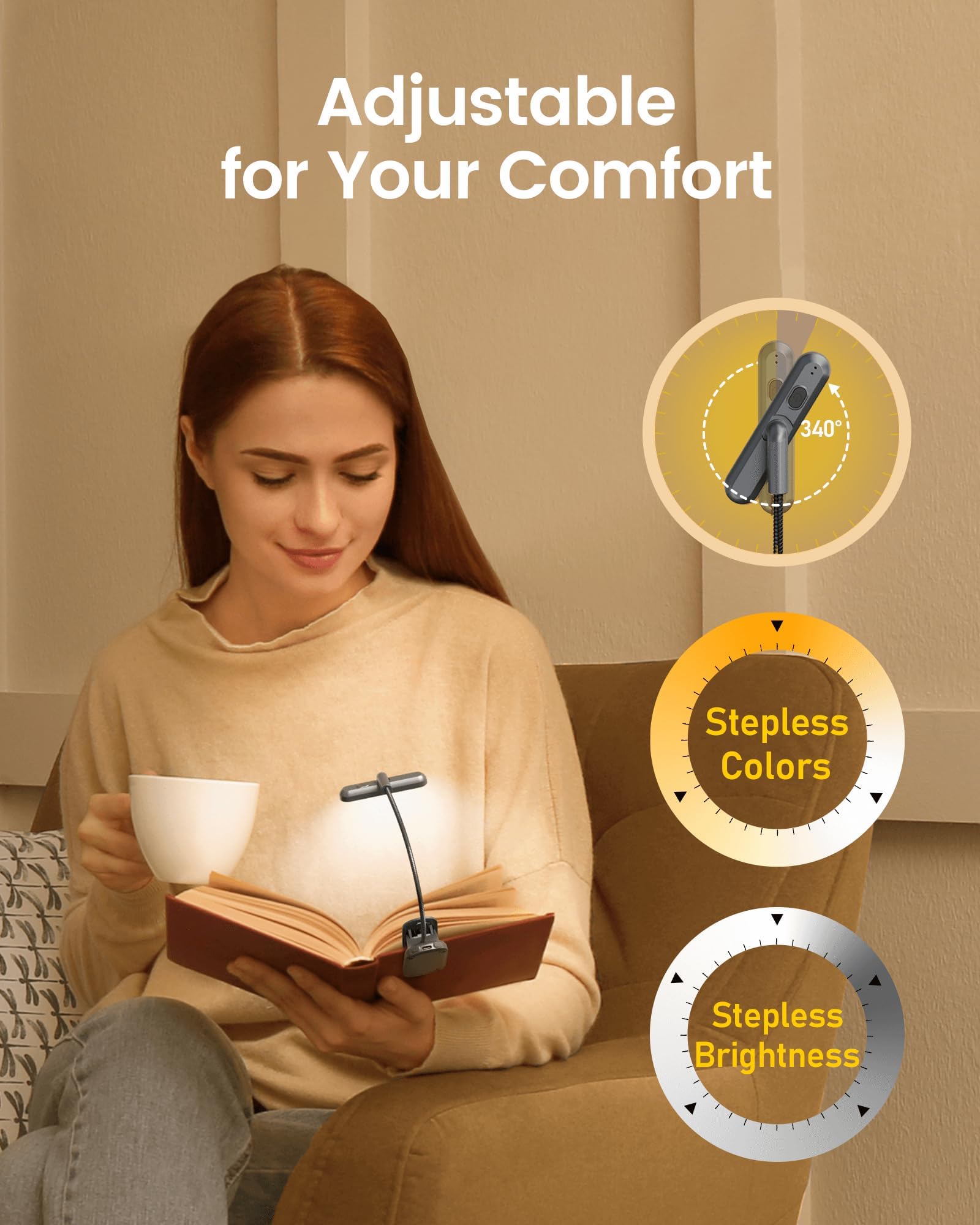Glocusent Book Light Rotatable: 22 Led Rechargeable Book Light for Reading in Bed with Timer - Eye Caring 3 Color Temperatures, Stepless Dimming, 100Hrs Runtime Clip on Reading Light for Book Lovers