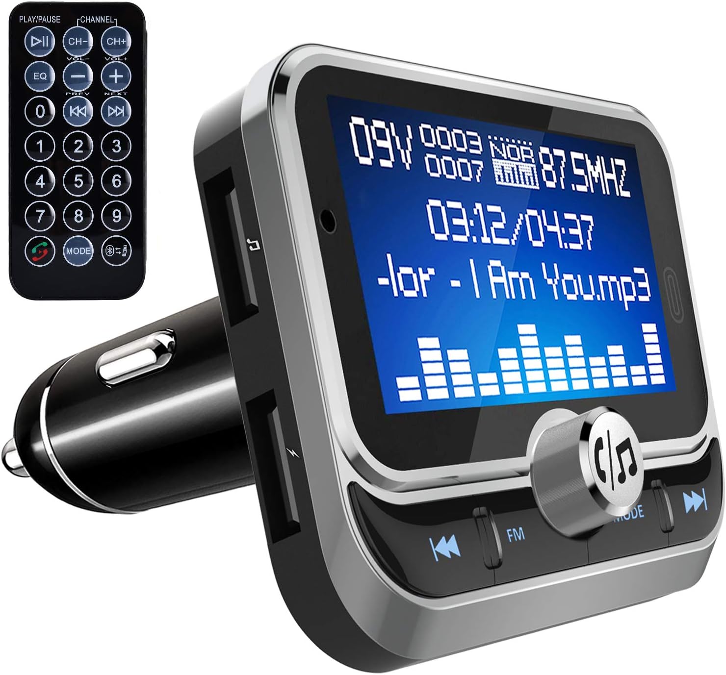 TINMIU Bluetooth FM Transmitter, 1.8 inch Wireless Radio Adapter Car Kit with Remote Control, Hands Free Calling, Dual USB Ports, AUX Input, Support Siri Assistant, TF Card & USB Flash Drive