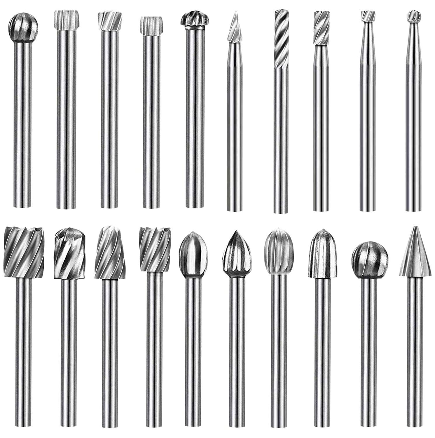 Hakkin Wood Carving Tools 20Pcs Tungsten Carbide Rotary Burr Set for Rotary Tool Wood Carving Drill Bits with 3mm Shank Rotary Tools Accessories for DIY Woodworking Engraving Grooving Polishing