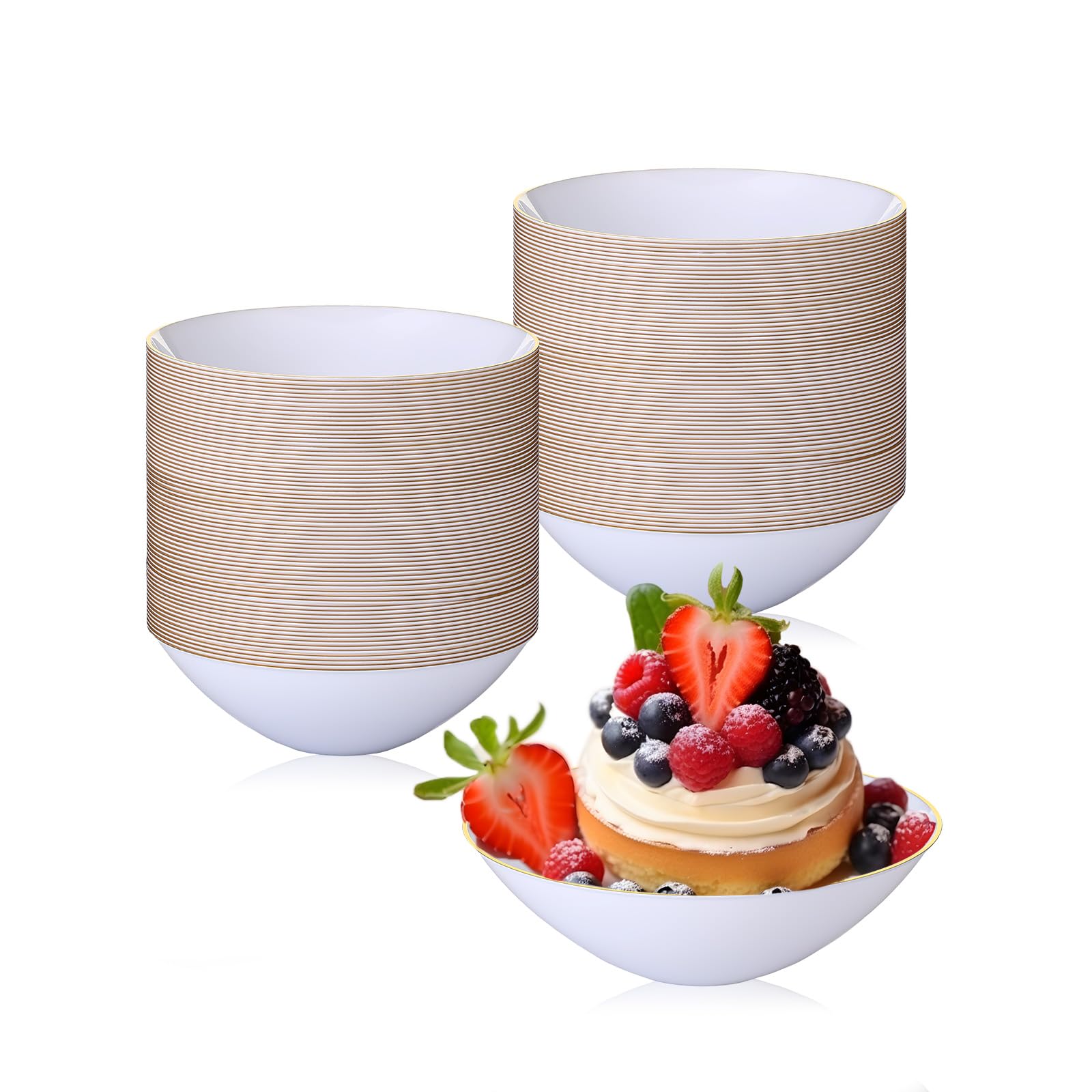 Photo 1 of Domensi 100 Pcs 6 oz Plastic Bowls with Gold Rim White Disposable Bowls for Dessert Soup Candy Small Salad Dinnerware for Ice Cream Fruit Wedding Party Supplies Birthday(Gold)