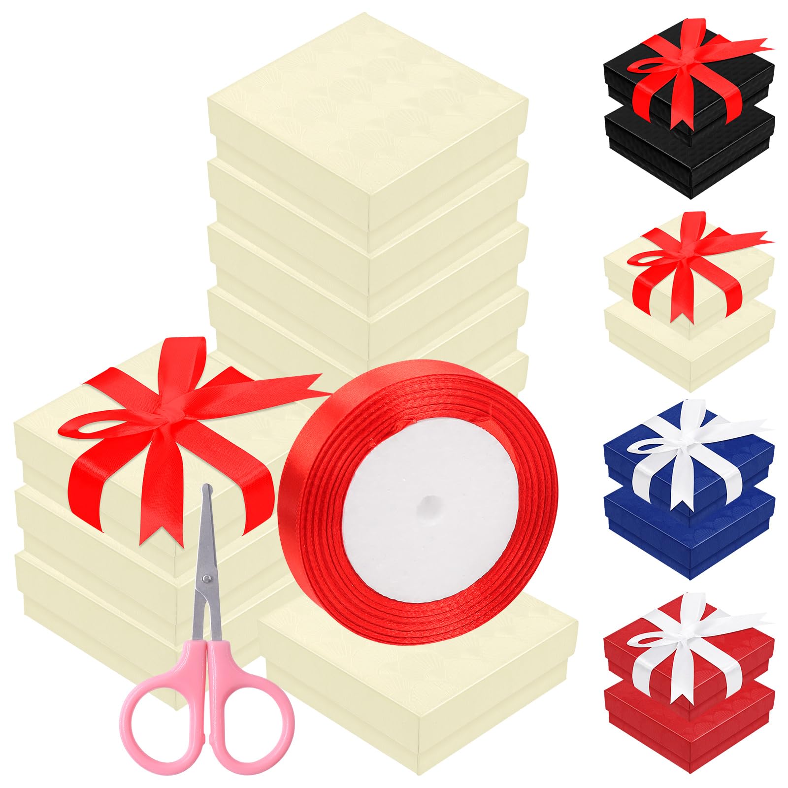Keadic 12Pcs 3.5×3.5×1 inches Cardboard Jewelry Gift Boxes with Stain Ribbon and Scissor, Jewelry Organizer Cases with Lids and Cotton for Ring, Necklaces, Bracelets, Earrings (Yellow)